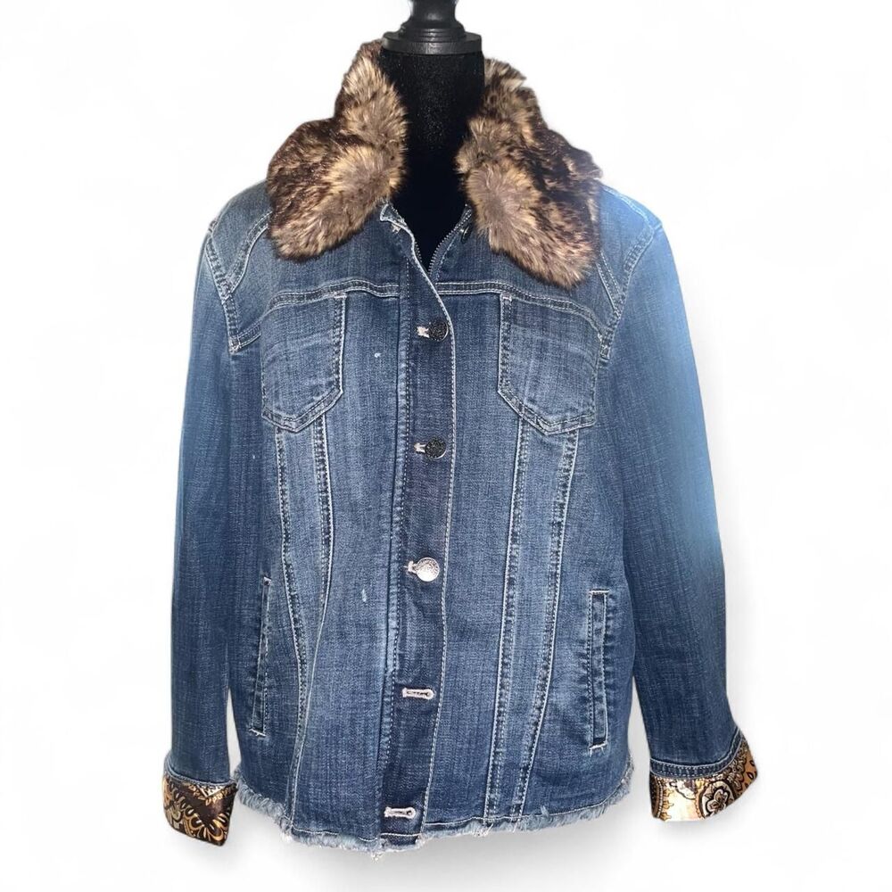 Vintage Y2K 2000 Chico's Women's Navy and Brown Faux Fur Jean Jacket SZ L